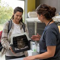 Persona adoptando un gato en una protectora de animales, recibiendo recomendaciones antes del traslado en transportín para una adopción felina segura, responsable y sin estrés.