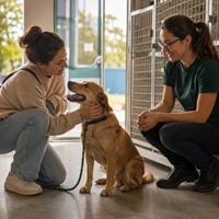 Primer encuentro con un perro adoptado en una protectora, compartiendo un momento tranquilo antes de llevarlo a casa para generar confianza y facilitar una adaptación positiva.