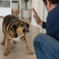 Perro mostrando agresividad defensiva con gruñidos y dientes visibles ante una persona, comportamiento canino causado por miedo, estrés o inseguridad que requiere manejo respetuoso y educación positiva.
