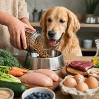 Perro golden retriever esperando su comida mientras se sirve pienso premium con ingredientes naturales frescos como pollo, carne, huevos y verduras, representando una alimentación saludable para perros, nutrición canina equilibrada, comida de alta calidad y ración adaptada a sus necesidades.