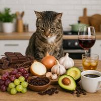 Gato doméstico frente a alimentos tóxicos para gatos como chocolate, cebolla, ajo, uvas, pasas, aguacate, alcohol y café, mostrando qué alimentos no deben comer los gatos para evitar intoxicaciones, proteger su salud y mantener una alimentación felina segura.