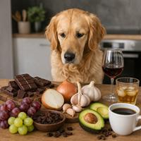 Golden Retriever observando alimentos tóxicos para perros como chocolate, cebolla, ajo, uvas, pasas, aguacate, alcohol y café, ilustrando qué alimentos no deben comer los perros para prevenir intoxicaciones, proteger su salud y garantizar una alimentación canina segura.