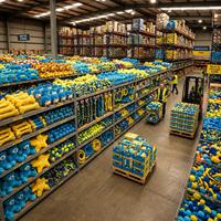 Gran almacén de juguetes para perros con estanterías repletas de pelotas, mordedores, peluches y accesorios para mascotas en colores azul y amarillo, mostrando un centro logístico organizado con amplio inventario.