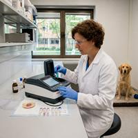 Veterinaria realizando análisis de laboratorio veterinario con equipo de diagnóstico clínico y muestras biológicas mientras un perro espera durante una revisión de salud, imagen sobre diagnóstico canino, medicina veterinaria y análisis veterinarios.
