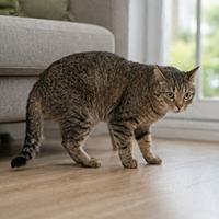 Gato con la cola baja mostrando precaución, inseguridad y malestar, una señal del lenguaje corporal felino que ayuda a interpretar sus emociones y comportamiento.