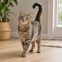 Gato con la cola en forma de interrogación, una postura que indica relajación, buen estado de ánimo y disposición para interactuar según el lenguaje corporal felino.
