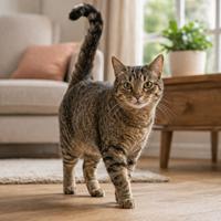 Gato con la cola levantada mostrando confianza, seguridad y actitud amistosa, una de las principales señales del lenguaje corporal y comportamiento felino.