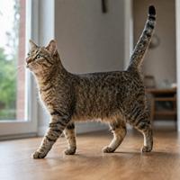 Gato con la cola recta y rígida mostrando curiosidad, emoción y expectación, una postura clave para interpretar el lenguaje corporal y comportamiento felino.