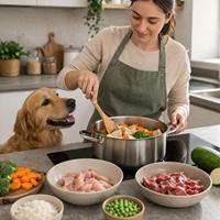 Persona cocinando comida casera para perros con ingredientes frescos y naturales mientras su perro espera, alimentación canina saludable adaptada a alergias, intolerancias y nutrición equilibrada.