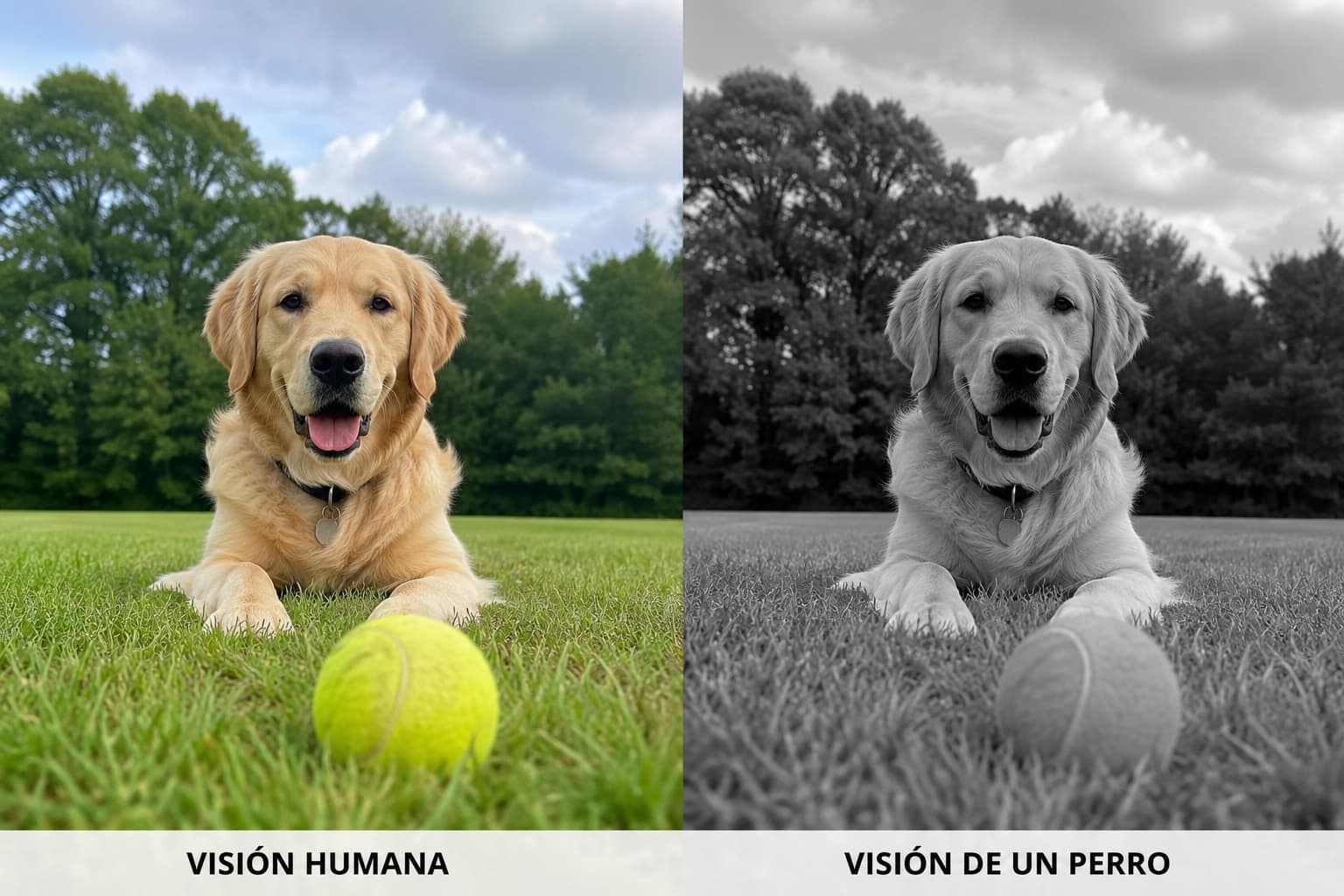 Imagen de 2 perros tumbado en un campo verde, uno de ellos con todos los colores tal y como lo vemos los humanos y otro con los colores blanco y negro, tal y como se supone que lo ven ellos