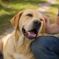 Perro Labrador Retriever disfrutando de las caricias de su dueño con expresión relajada y confiada. Imagen ideal para búsquedas sobre lenguaje corporal canino, confianza entre perro y humano, comportamiento del perro, vínculo con mascotas y bienestar animal.