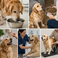 Golden Retriever bebiendo agua, recibiendo su ración de pienso, un premio con moderación, revisión veterinaria y control de peso, mostrando los mejores consejos para una alimentación saludable para perros, nutrición canina, cuidado diario y bienestar animal.