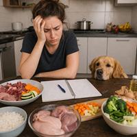 Persona preparando comida casera para perros con ingredientes naturales mientras planifica una dieta equilibrada, imagen sobre los inconvenientes de la alimentación casera, tiempo de preparación y riesgo de carencias nutricionales.