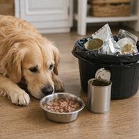 Perro Golden Retriever junto a comida húmeda para perros, lata abierta y residuos de envases, representando las desventajas del alimento húmedo: mayor precio, menor conservación tras abrirse y más desperdicios.