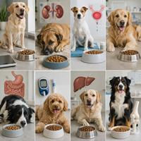 Perros con alimento veterinario terapéutico para el tratamiento de obesidad, enfermedad renal, problemas urinarios, alergias alimentarias, trastornos digestivos, diabetes y salud articular mediante nutrición clínica canina.