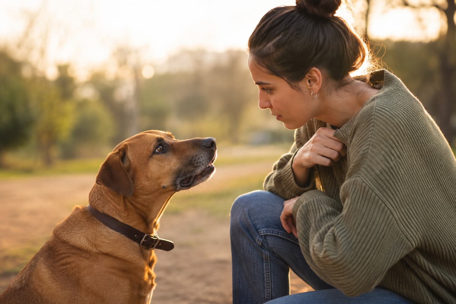 Persona observando el lenguaje corporal de su perro durante una interacción tranquila al aire libre para mejorar la comunicación, fortalecer el vínculo y comprender el comportamiento canino de forma positiva.