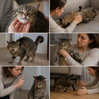 Collage mostrando errores frecuentes al interpretar el lenguaje corporal de los gatos, como acariciar la barriga, ignorar señales de estrés, sujetarlos cuando quieren alejarse o castigar conductas defensivas.