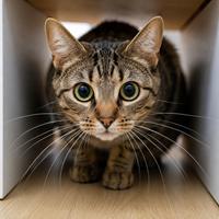 Gato doméstico con los bigotes completamente abiertos explorando un espacio, utilizando sus vibrisas para medir distancias y analizar el entorno con máxima atención.