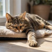 Gato doméstico descansando con las patas estiradas, mostrando relajación, bienestar, comodidad y sensación de seguridad según su lenguaje corporal felino.