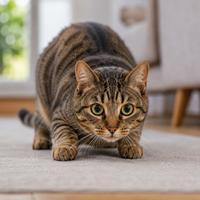 Gato doméstico con las patas flexionadas y el cuerpo inclinado hacia delante, mostrando máxima atención, curiosidad y preparación para cazar o saltar según su lenguaje corporal.