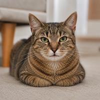 Gato doméstico en postura de pan de molde con las patas recogidas bajo el pecho, mostrando relajación, confianza, comodidad y bienestar según su lenguaje corporal.