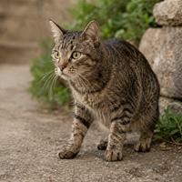 Gato en estado de alerta con músculos tensos, mirada fija y máxima atención al entorno, mostrando una postura característica del lenguaje corporal y comportamiento felino.