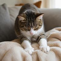Gato atigrado amasando una manta suave con las patas mientras descansa en un sofá, comportamiento felino de relajación, bienestar y confianza en el hogar.
