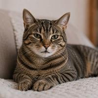 Gato doméstico con la boca cerrada y expresión relajada, mostrando un lenguaje corporal felino de calma, confianza, bienestar y comodidad mientras descansa en un entorno seguro.