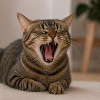 Gato doméstico bostezando con la boca completamente abierta, mostrando un lenguaje corporal felino relacionado con relajación, liberación de tensión, bienestar o gestión del estrés.
