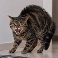 Gato doméstico enseñando los dientes, con el lomo arqueado y el pelo erizado, mostrando un lenguaje corporal felino de advertencia, miedo, agresividad defensiva y alto nivel de estrés.