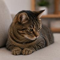 Gato doméstico apartando la mirada y evitando el contacto visual directo, mostrando un lenguaje corporal felino de calma, sumisión, evitación de conflictos y reducción de la tensión.