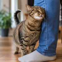 Gato atigrado frotándose contra la pierna de una persona en casa, comportamiento felino que muestra cariño, saludo, marcaje con feromonas y vínculo entre gatos y humanos.