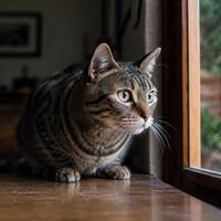 Gato con hipervigilancia observando atentamente desde una ventana, reflejando estrés felino, ansiedad en gatos, estado de alerta constante y comportamiento felino relacionado con el miedo y la vigilancia.