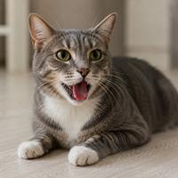 Gato doméstico jadeando con la boca abierta tras un esfuerzo físico, mostrando un comportamiento felino poco habitual que puede estar relacionado con calor, estrés o un posible problema de salud.