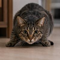 Gato doméstico con la mirada fija, cuerpo tenso y postura de alerta, mostrando un lenguaje corporal felino de concentración, evaluación del entorno, estrés o preparación para reaccionar.