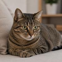 Gato doméstico con los ojos abiertos de forma natural, expresión tranquila y postura relajada, reflejando un lenguaje corporal felino de calma, confianza, bienestar y seguridad en casa.