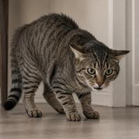 Gato doméstico con las orejas hacia atrás, cuerpo tenso y mirada alerta, mostrando un lenguaje corporal felino asociado al miedo, estrés, nerviosismo o incomodidad en el entorno.
