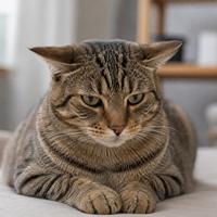 Gato doméstico con las orejas ligeramente hacia los lados, expresión atenta y postura cautelosa, mostrando un lenguaje corporal felino asociado a incomodidad, duda o evaluación del entorno.