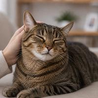 Gato doméstico realizando un parpadeo lento mientras recibe caricias, mostrando un lenguaje corporal felino de confianza, relajación, bienestar y afecto hacia su cuidador.