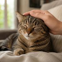 Gato atigrado con los ojos cerrados en un parpadeo lento mientras recibe caricias, mostrando confianza, bienestar y lenguaje corporal felino en un ambiente hogareño.