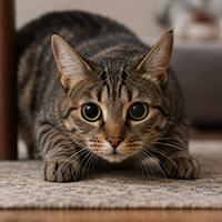 Gato doméstico con las pupilas dilatadas, mirada fija y postura de alerta, mostrando un lenguaje corporal felino asociado a curiosidad, juego, emoción, miedo o estrés según el contexto.