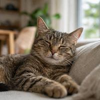 Gato relajado con ojos semicerrados, cuerpo tranquilo y orejas en posición natural, mostrando las señales más claras de bienestar y lenguaje corporal felino.