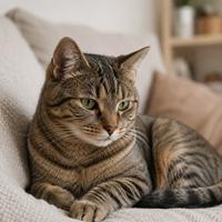 Gato doméstico relajado con las orejas en posición natural, mirada tranquila y postura segura, reflejando un lenguaje corporal felino de calma, confianza y bienestar en el hogar.