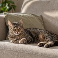 Gato relajado con cuerpo estirado, ojos tranquilos y orejas en posición natural, mostrando la postura ideal de bienestar y lenguaje corporal felino.