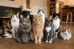 Grupo de gatos domésticos reunidos en el interior de una casa, con diferentes razas y colores, imagen relacionada con gatos, mascotas, animales domésticos y convivencia felina en el hogar.