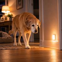 Perro senior caminando por casa con iluminación nocturna cálida que mejora su orientación, ayuda a prevenir caídas y favorece el bienestar de los perros mayores con problemas de visión.