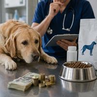 Perro en consulta veterinaria junto a alimento terapéutico y pienso veterinario, imagen sobre los inconvenientes de la dieta veterinaria para perros, supervisión profesional, coste elevado y tratamiento nutricional a largo plazo.