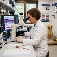 Investigadora analizando muestras de retina canina con microscopio en laboratorio veterinario, estudio de oftalmología veterinaria, investigación científica, salud ocular en perros e histología veterinaria.