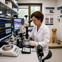 Investigadora realizando investigación de retina canina con microscopio en laboratorio veterinario, estudio de oftalmología veterinaria, salud ocular en perros, análisis histológico e investigación científica veterinaria.