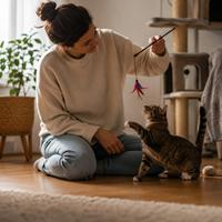 Persona jugando con un gato adoptado mediante un juguete interactivo, fortaleciendo el vínculo humano felino, fomentando la confianza, el bienestar y la adaptación del gato en su nuevo hogar.